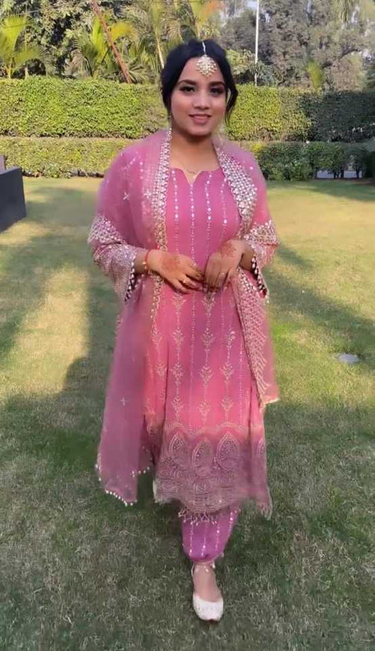 Premium Embroidered Pink Suit with Palazzo & Dupatta