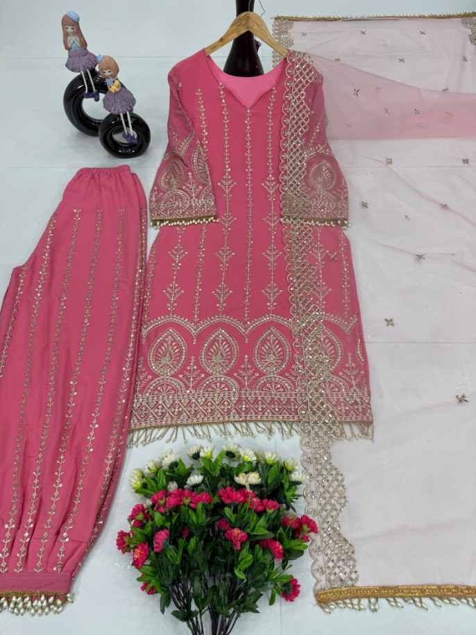Premium Embroidered Pink Suit with Palazzo & Dupatta