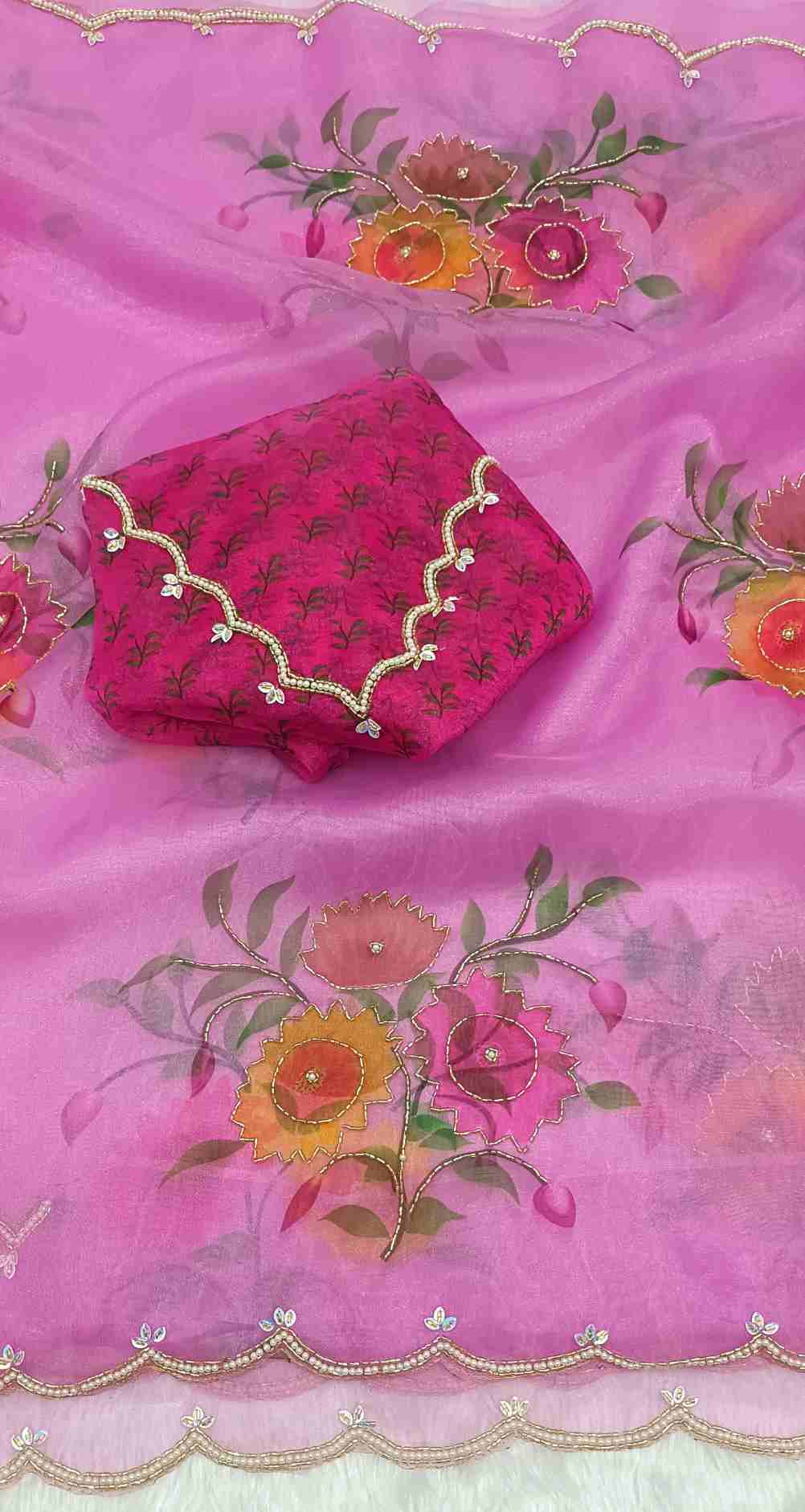 Party Wear Organza Saree with Khatli & Moti Work