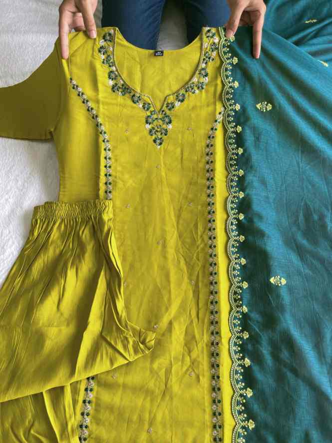 Handcrafted Roman Silk Suit with Sequence Dupatta