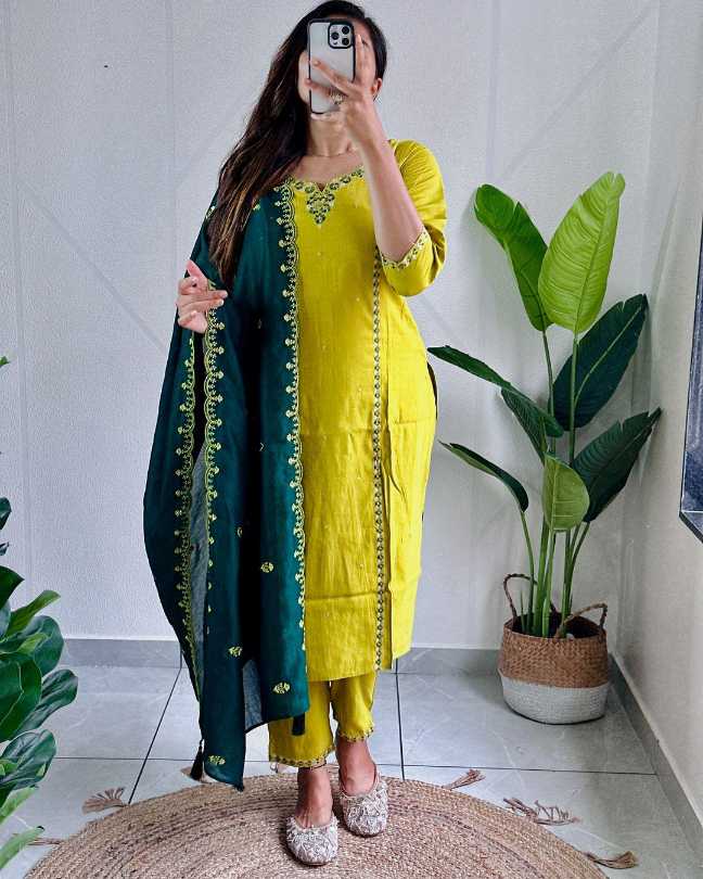 Handcrafted Roman Silk Suit with Sequence Dupatta
