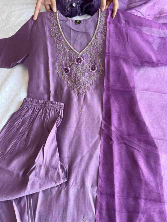Light Purple Silk Kurti Set with Handwork