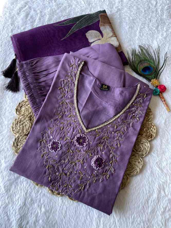 Light Purple Silk Kurti Set with Handwork